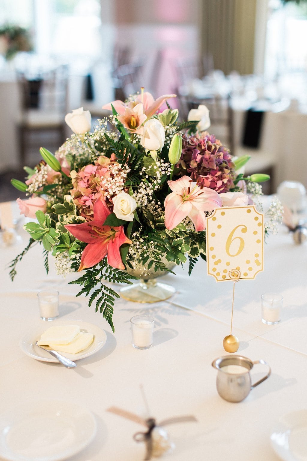 Lauren Renee - Pittsburgh Fine Art Wedding Photography Gold dots on table numbers with pink flowers for centerpieces