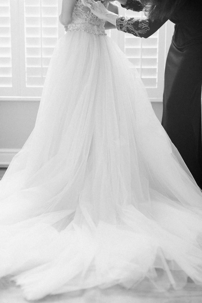 black and white photograph of wedding dress tulle