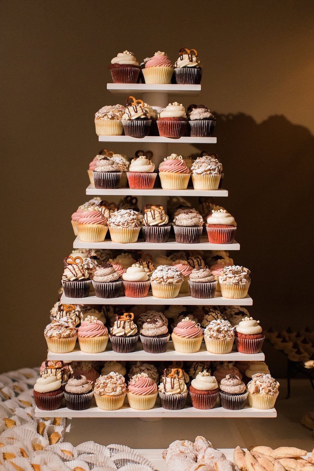 Pittsburgh Wedding - Lauren Renee Photography Cupcake tower at the dessert bar during the reception at the Club at Nevillewood