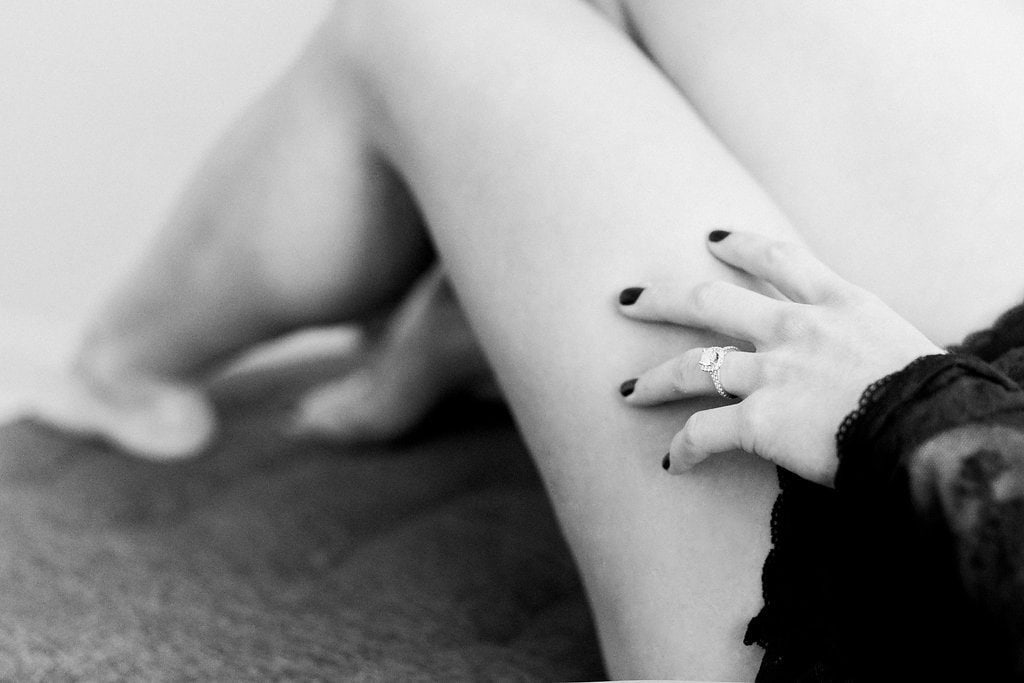 Close up black and white detail photograph of engagement ring: Pittsburgh Boudoir Photography