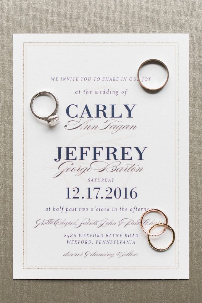Photo of the wedding invitation and rings