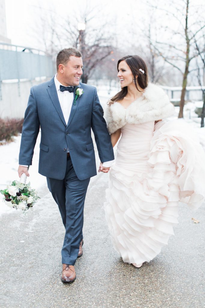 Bride and Groom photographs at December wedding bride wearing a blush pink wedding gown