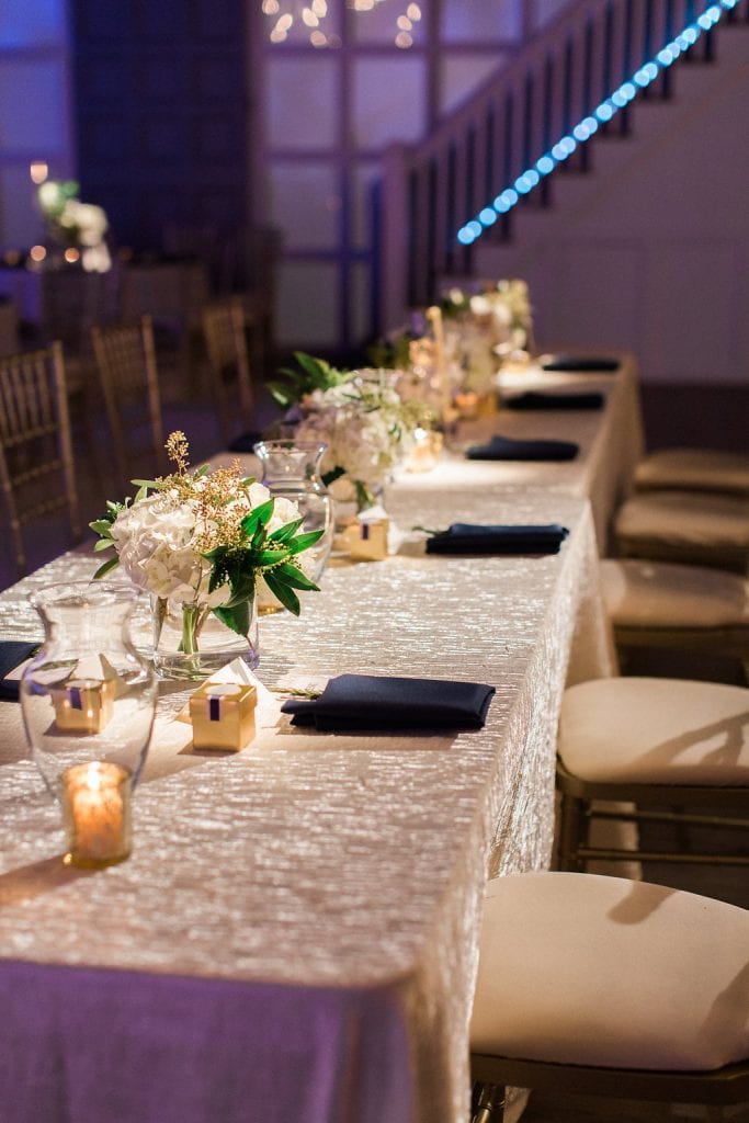 Head table at winter wedding reception in the Southside of Pittsburgh J. Verno Studios