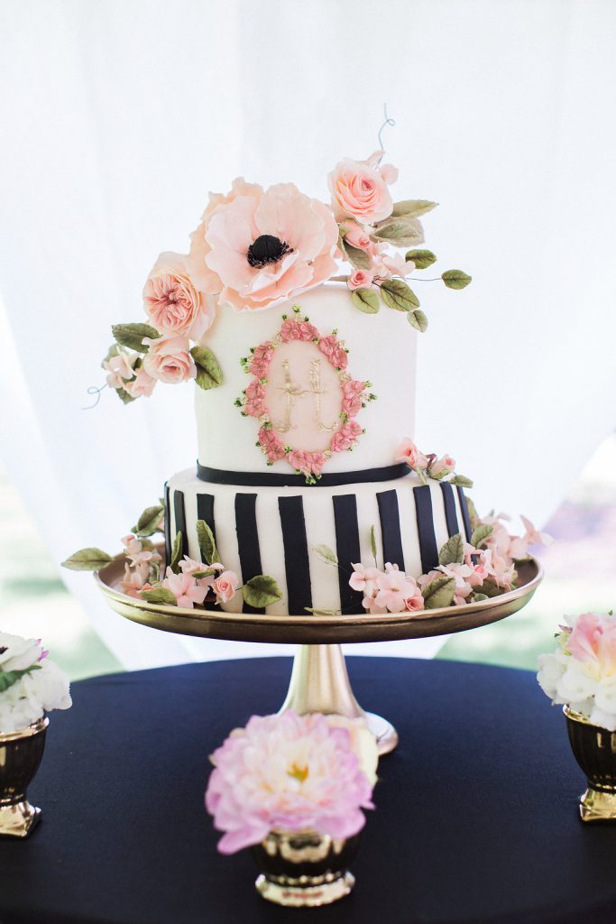 black and white cake with pink fondant flowers at kate spade inspired bridal shower