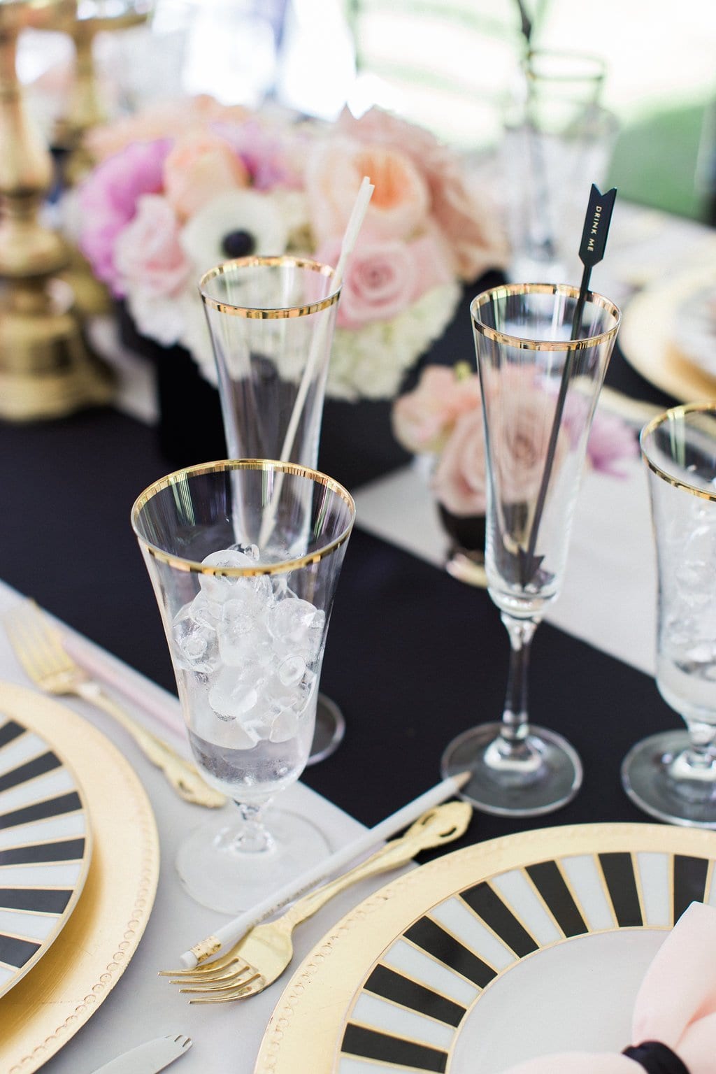 Bridal Shower - Lauren Renee Photography gold rimmed glassware with black and white plates and pink napkins