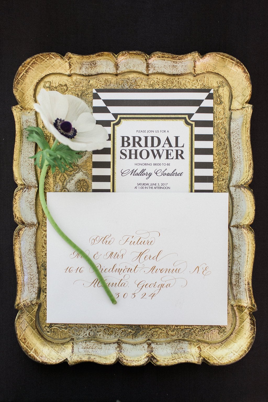 Bridal Shower - Lauren Renee Photography invitations on gold antique tray