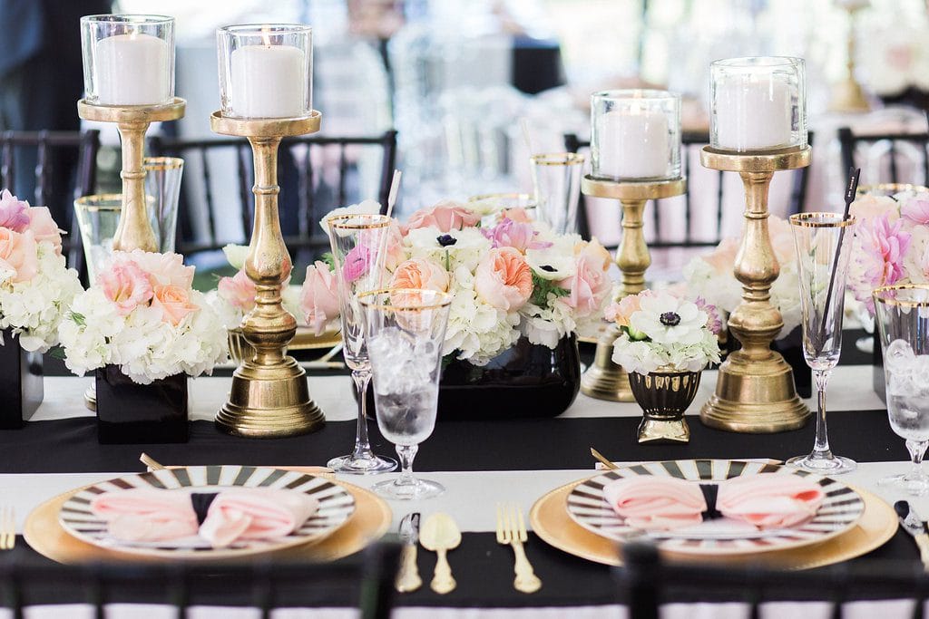 black and white inspired kate spade bridal shower with gold and pink accents