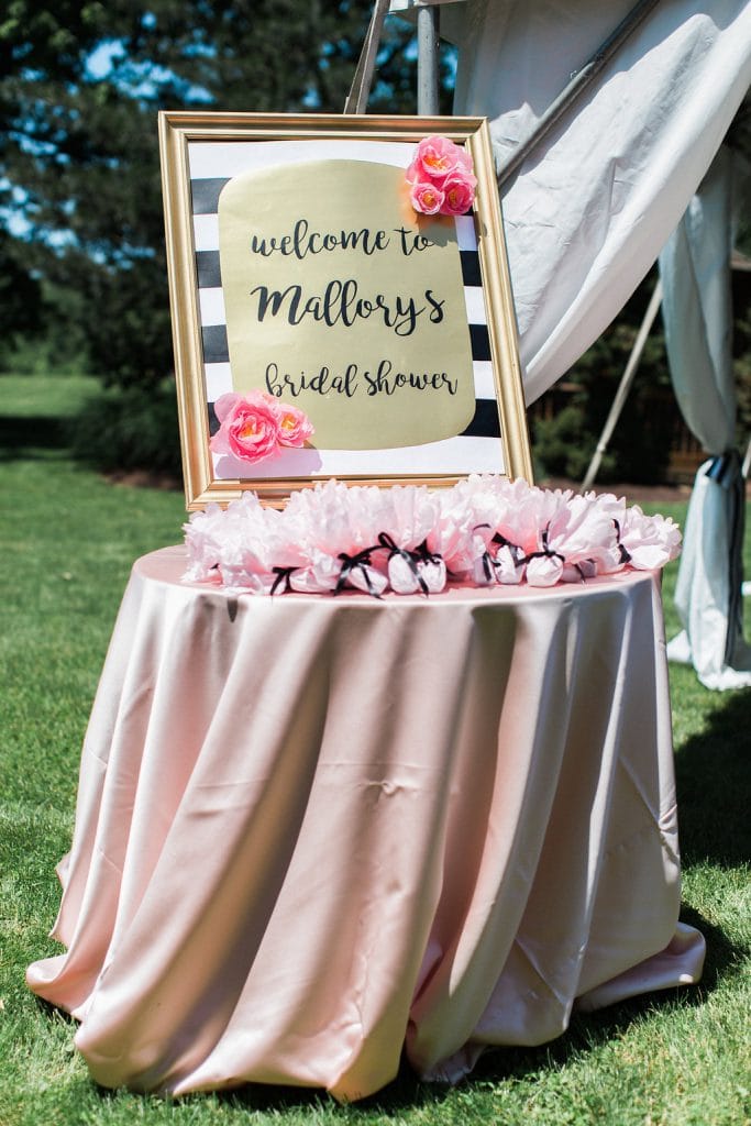 gift bags wrapped in pink tissue and signage at kate spade inspired bridal shower