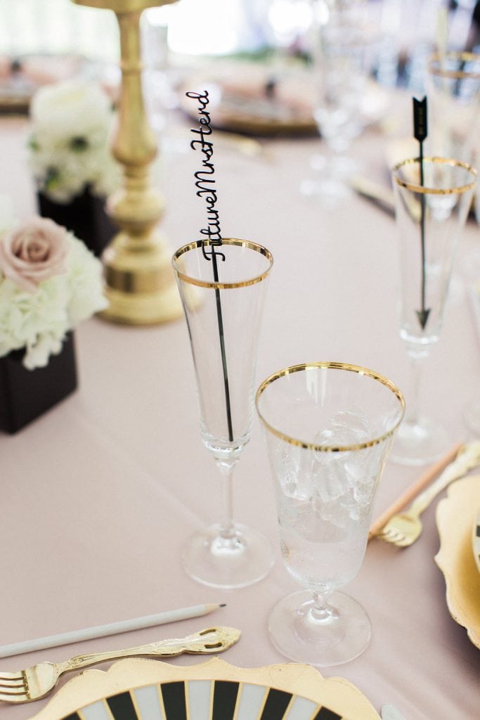 gold rimmed kate spade glasses at bridal shower