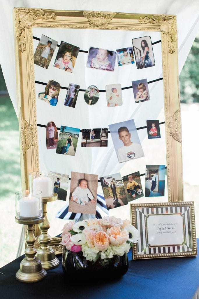 baby photographs guessing game of bride and groom in gold frame at shower