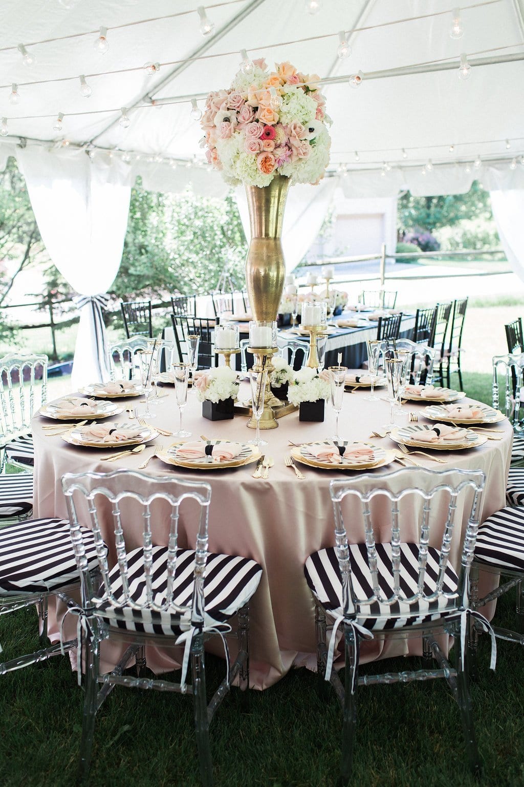 Bridal Shower - Lauren Renee Photography pink table cloth, black and white accents and florals