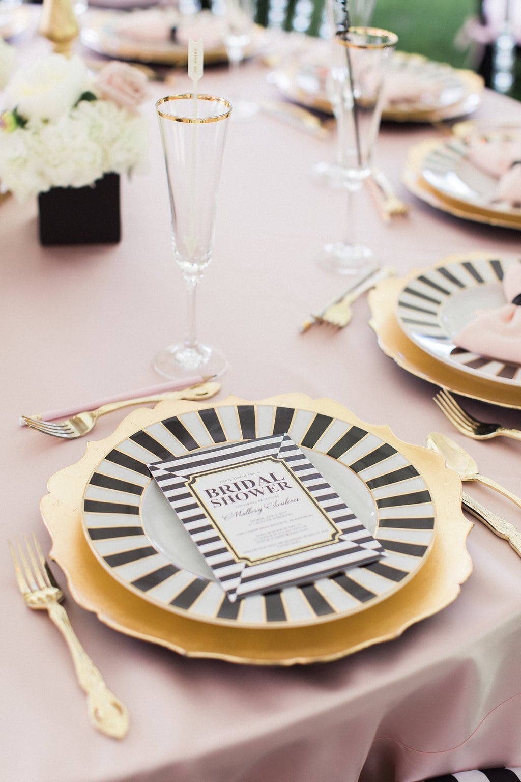 Bridal Shower - Lauren Renee Photography black and white plate with gold charger and pink table cloth