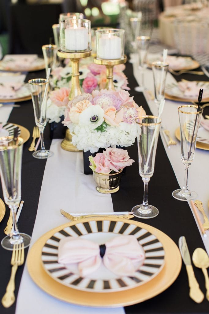 black and white inspired kate spade bridal shower table setting