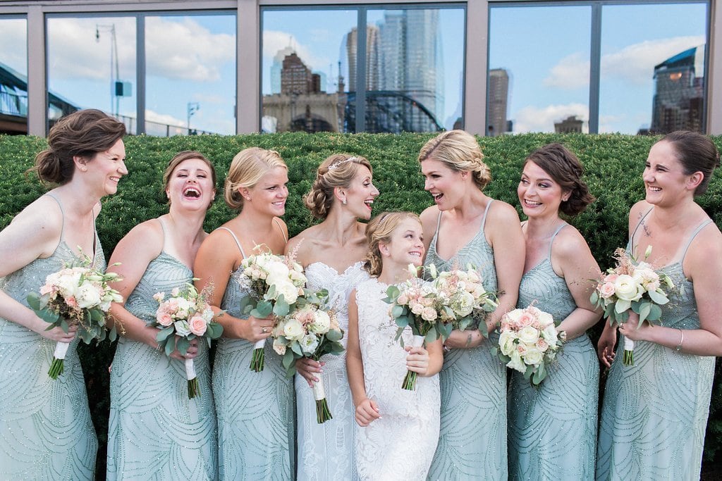Bride is walked down the aisle by man who received her father's donated heart - Lauren Renee Photography Bridesmaids in Adrianna Papell with the bride outside the Grand Concourse in Station Square