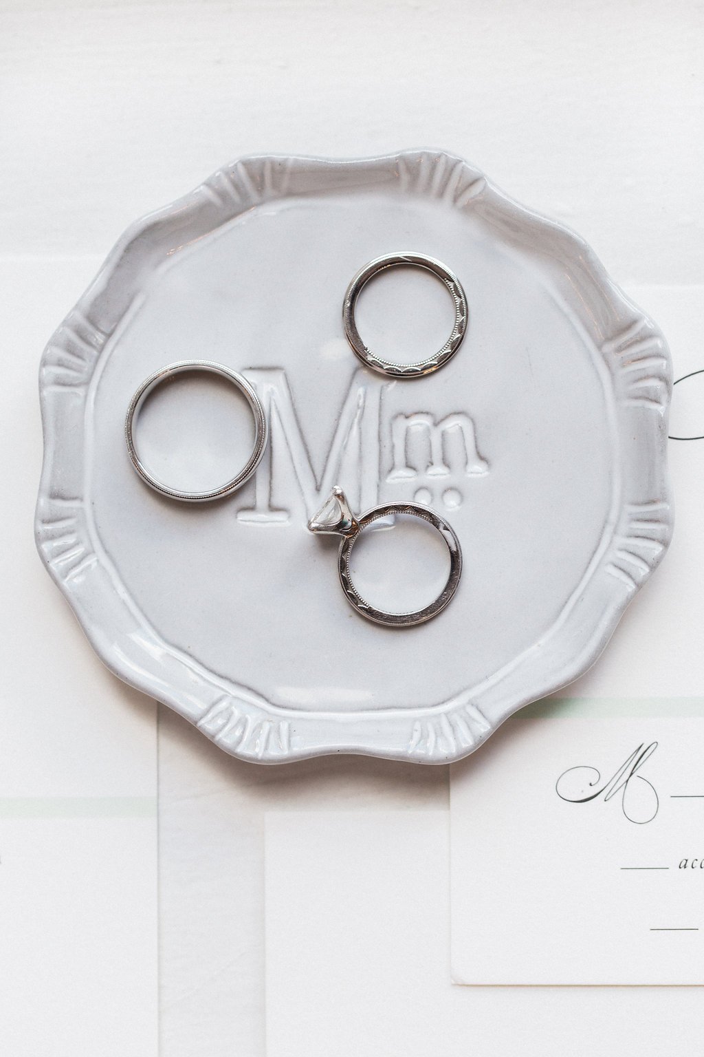 Bride is walked down the aisle by man who received her father's donated heart - Lauren Renee Photography Engagement ring and wedding bands styled on grey ring dish