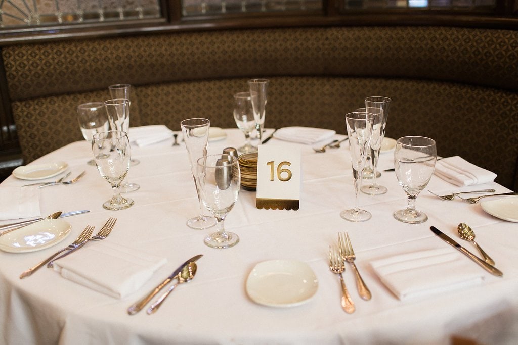 Bride is walked down the aisle by man who received her father's donated heart - Lauren Renee Photography Simple place setting 1920's themed wedding reception at the Grand Concourse Station Square