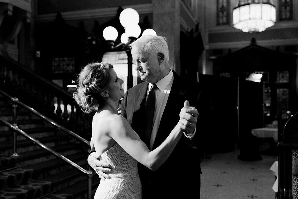 Bride is walked down the aisle by man who received her father's donated heart - Lauren Renee Photography BJeni Stepien the bride dancing with Arthur Thomas at Grand Concourse Wedding Reception