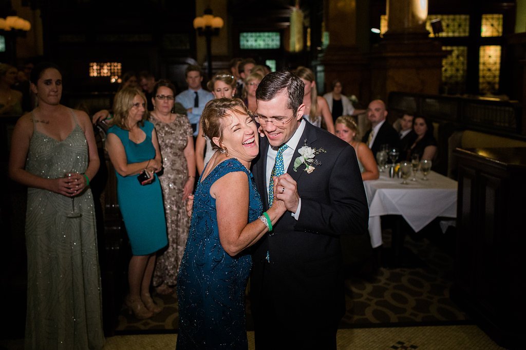 Bride is walked down the aisle by man who received her father's donated heart - Lauren Renee Photography Groom dancing with his mother at Grand Concourse Wedding reception