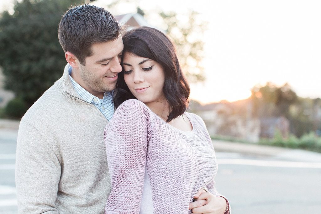 Mount Washington and South Side Engagement Bride and Groom embracing during their sunset engagement photos