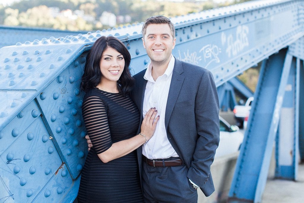 Mount Washington and South Side Engagement Bride and Groom during engagement photography session on Smithfield Street Bridge