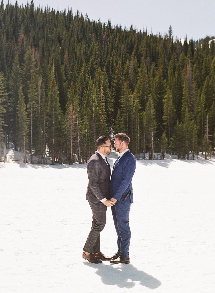 Estes Park Engagement Photography Session - two men holding hands in the snow