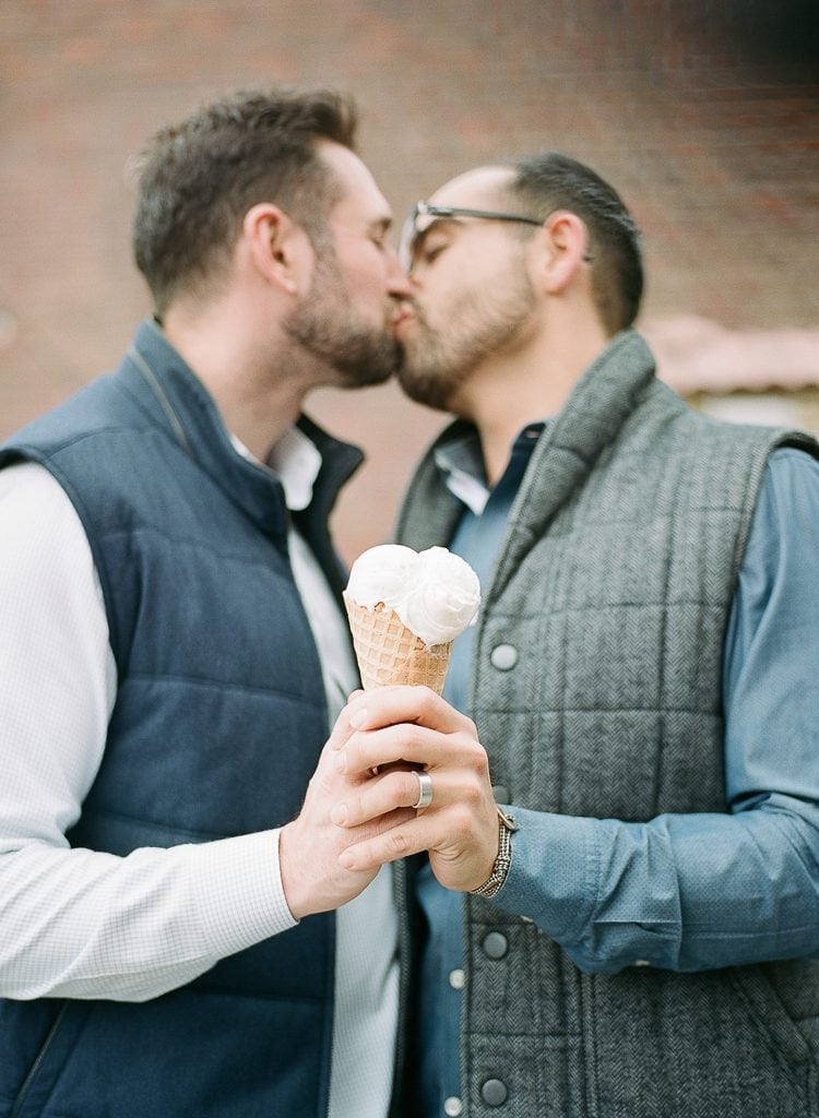 Estes Park Engagement Photography Session - male gay couple kissing and sharing ice cream cone
