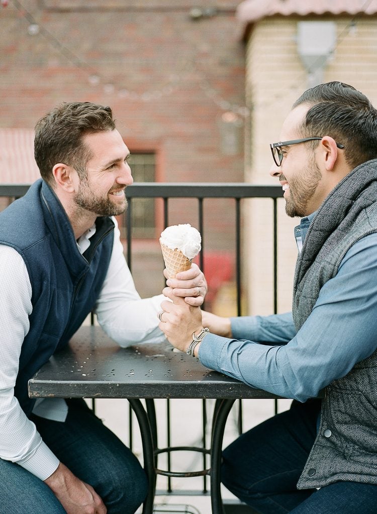 Estes Park Engagement Photography Session - gay couple sharing ice cream cone