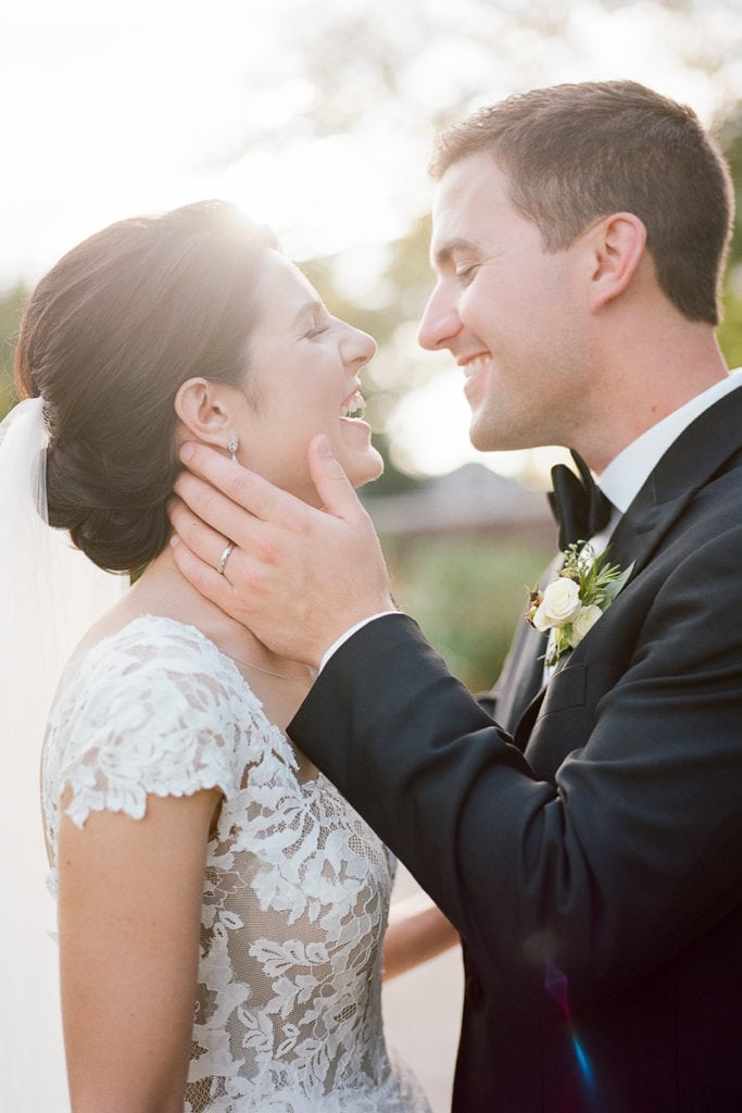 Sun-kissed portrait of bride and groom in the walled garden