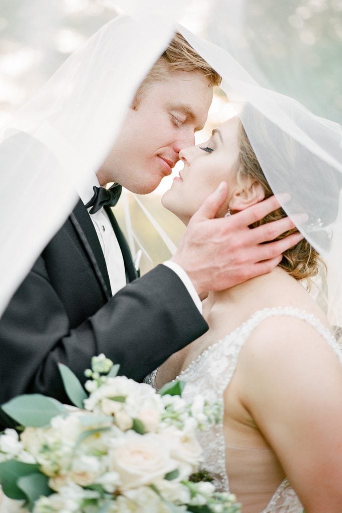 bride and groom romantic portrait under veil
