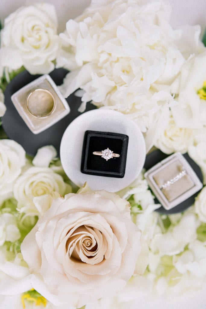 Wedding and engagement ring flat lay: Timeless Blush and Gold Wedding at The Pennsylvanian by Lauren Renee Photography