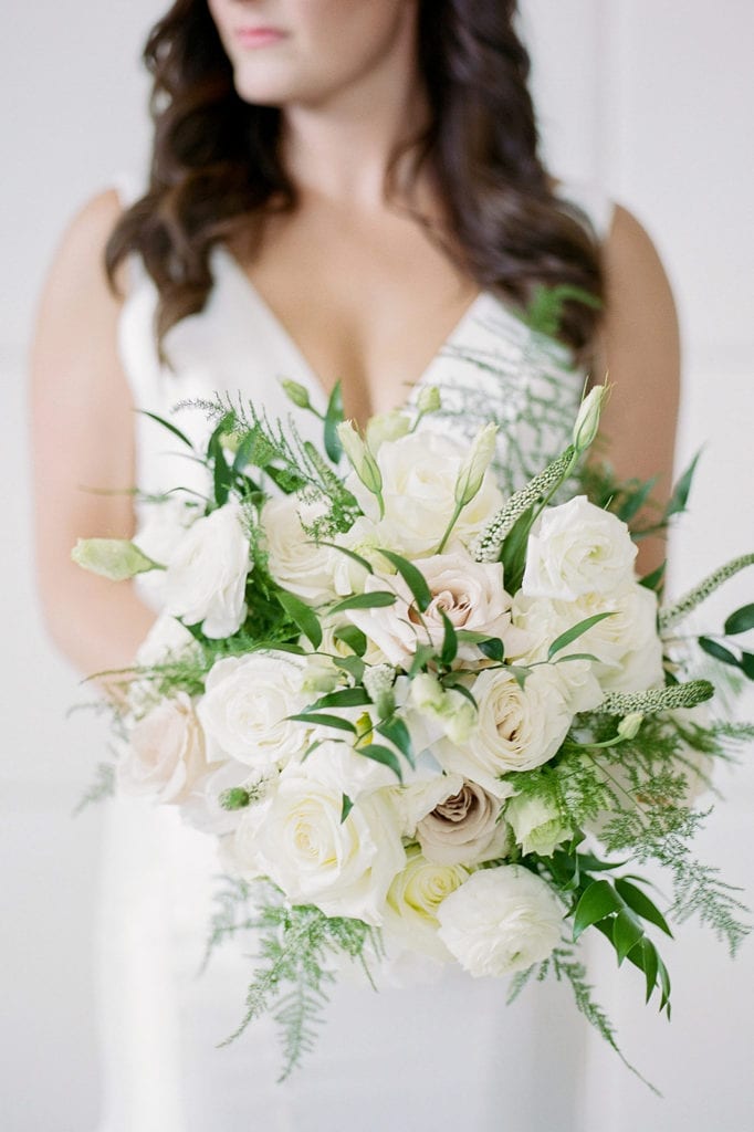 White and greenery bridal bouquet: Timeless Blush and Gold Wedding at The Pennsylvanian by Lauren Renee Photography