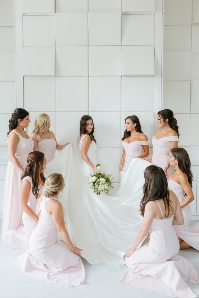 Bride surrounded by all her bridesmaids in light pink dresses