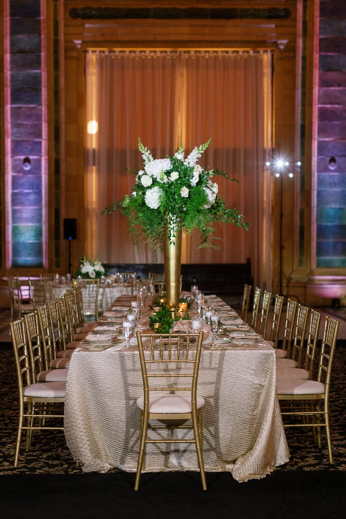 Wedding reception long head table at the Pennsylvanian blush and gold