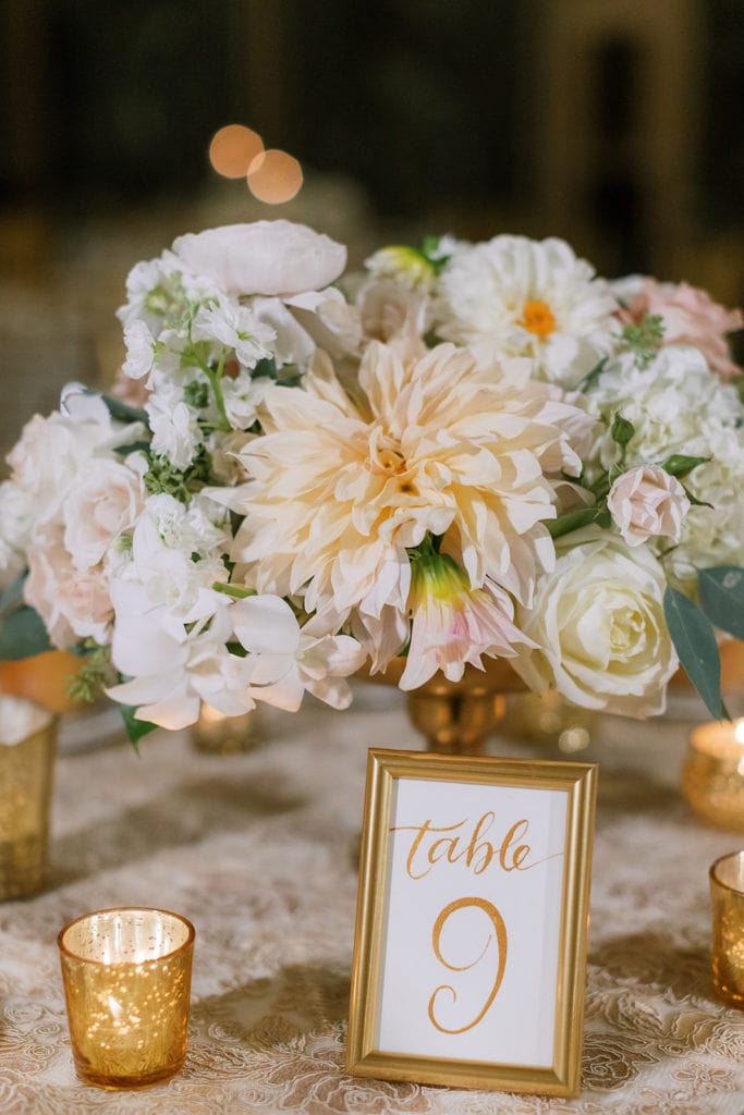 Gold Wedding Table Numbers: Pittsburgh Wedding captured by Pittsburgh Wedding Photographer Lauren Renee