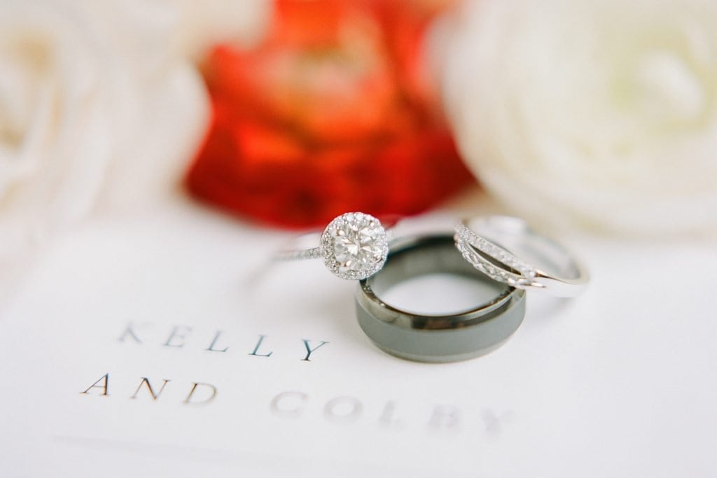 Detailed wedding band and engagement ring shot on invitation