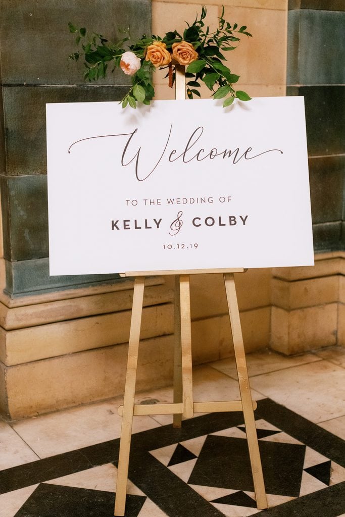 Wedding welcome sign: Fall Pittsburgh wedding at The Pennsylvanian captured by Pittsburgh wedding photographer Lauren Renee