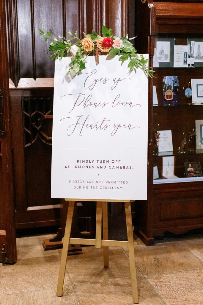 Wedding sign at Heinz Memorial Chapel Pittsburgh wedding