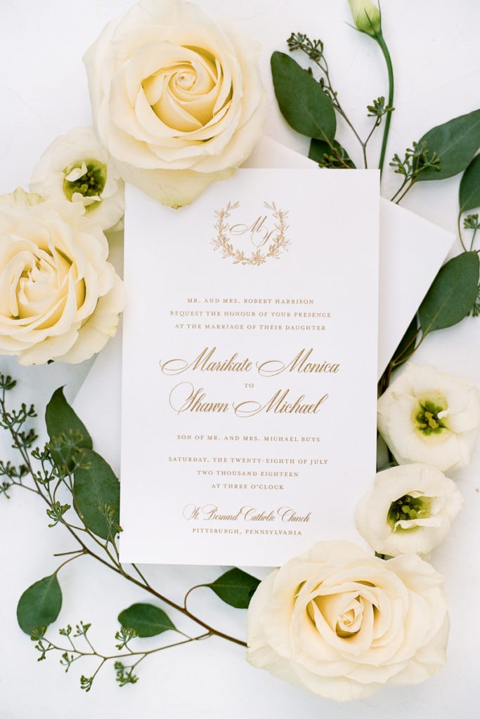 White and gold wedding invitation design: White and Gold Pittsburgh Field Club Wedding captured by Lauren Renee