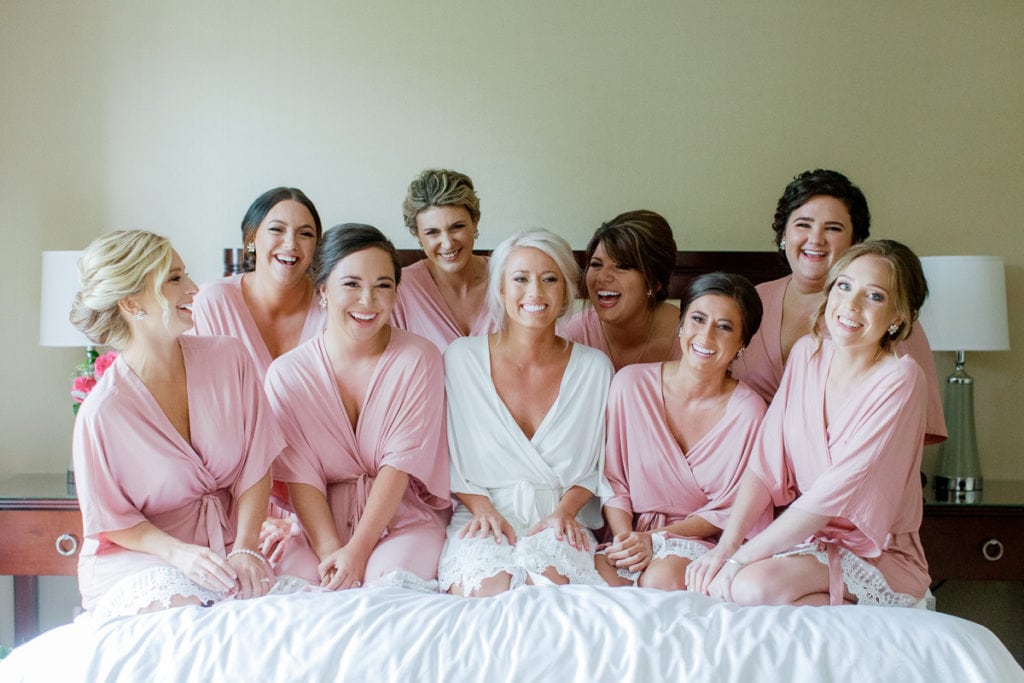 Bridal Party in Pink Robes: White and Gold Pittsburgh Field Club Wedding captured by Lauren Renee