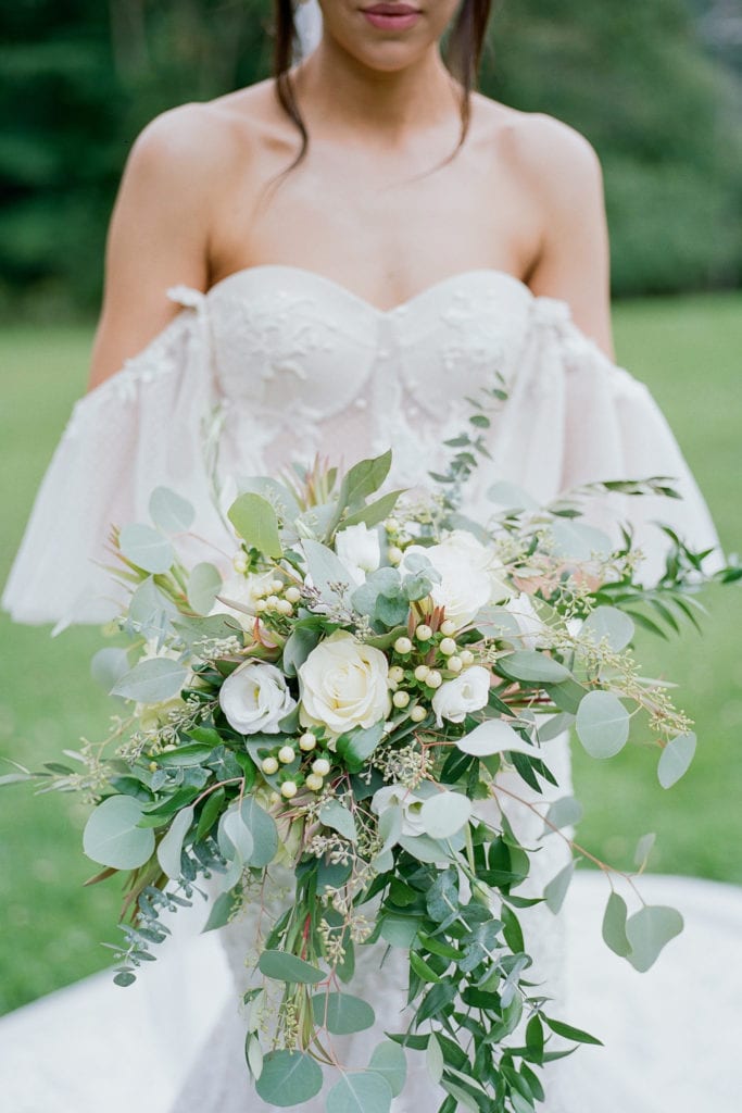 Green and white wedding bouquet: Outdoor Fall Seven Springs Wedding captured by Pittsburgh Wedding Photographer Lauren Renee