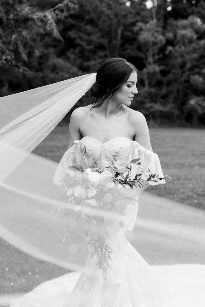 Black and white bridal portrait: Outdoor Fall Seven Springs Wedding captured by Pittsburgh Wedding Photographer Lauren Renee