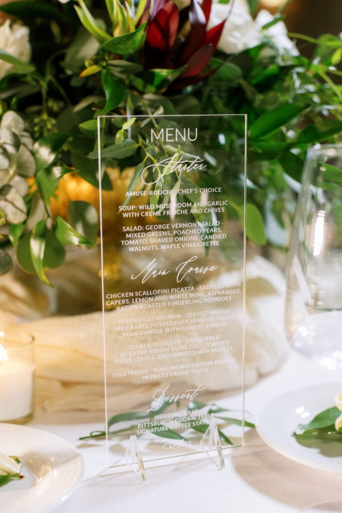 Acrylic wedding menu design: Outdoor Fall Seven Springs Wedding captured by Pittsburgh Wedding Photographer Lauren Renee