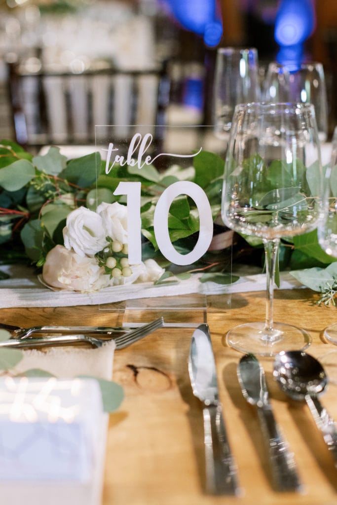 Acrylic wedding table number: Outdoor Fall Seven Springs Wedding captured by Pittsburgh Wedding Photographer Lauren Renee