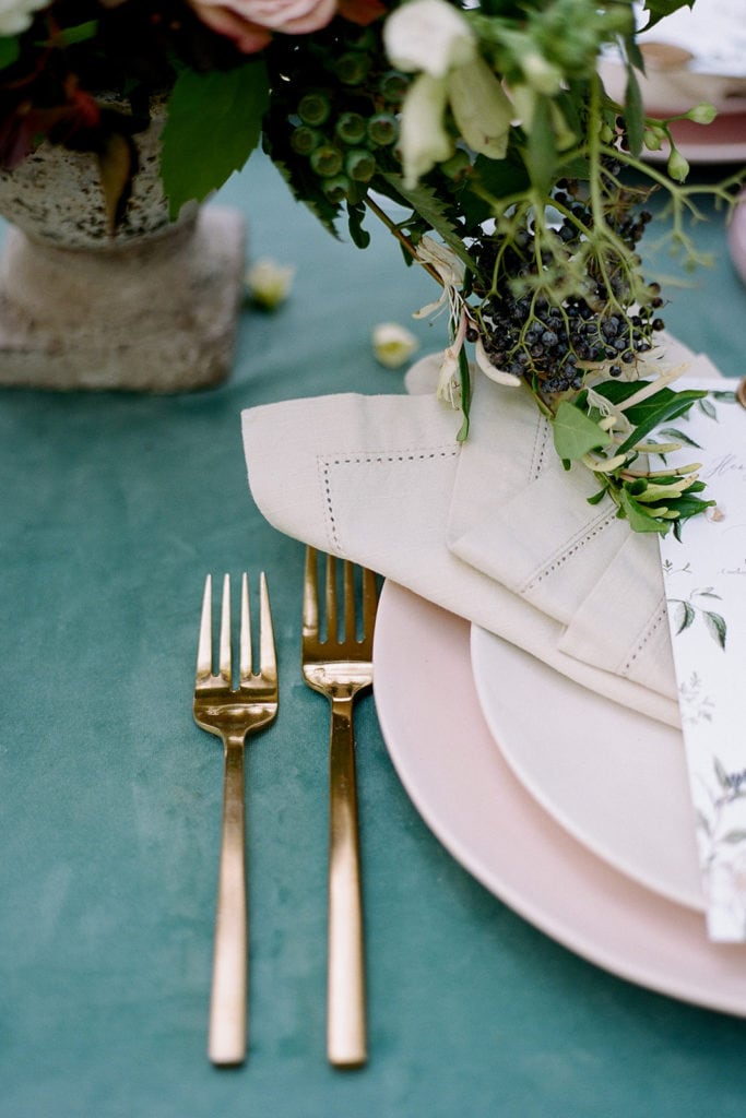 Gold flatware Ceremony Arch with flowers by Emily Reynold Design: Kestrel Park California Wedding Inspiration Styled Shoot captured by Pittsburgh Wedding Photographer Lauren Renee