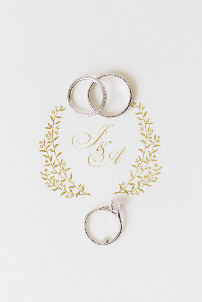 Bride and groom wedding ring set on custom monogram