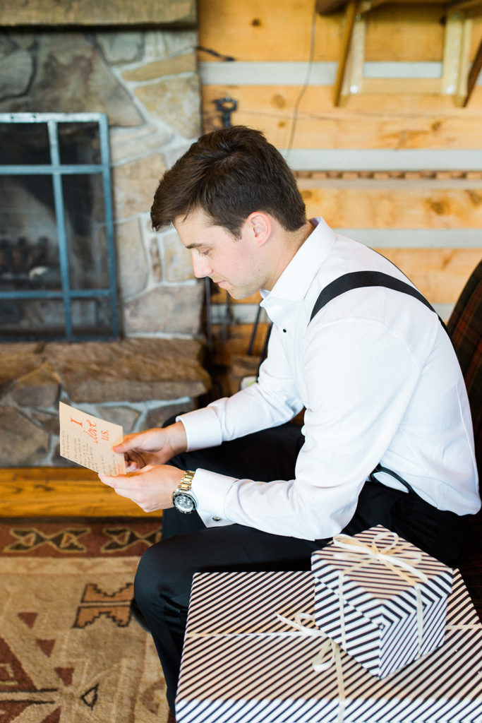 Groom reading letter from Bride: Black Tie Fox Chapel Golf Club Wedding captured by Pittsburgh wedding photographer Lauren Renee