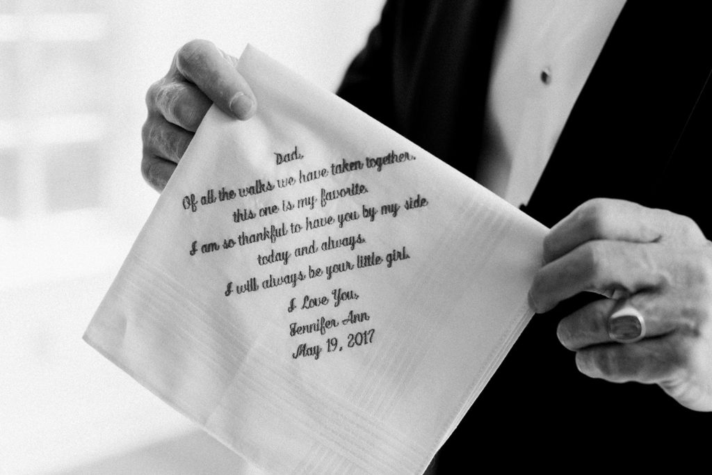 Father of the bride wedding handkerchief gift: Black Tie Fox Chapel Golf Club Wedding captured by Pittsburgh wedding photographer Lauren Renee