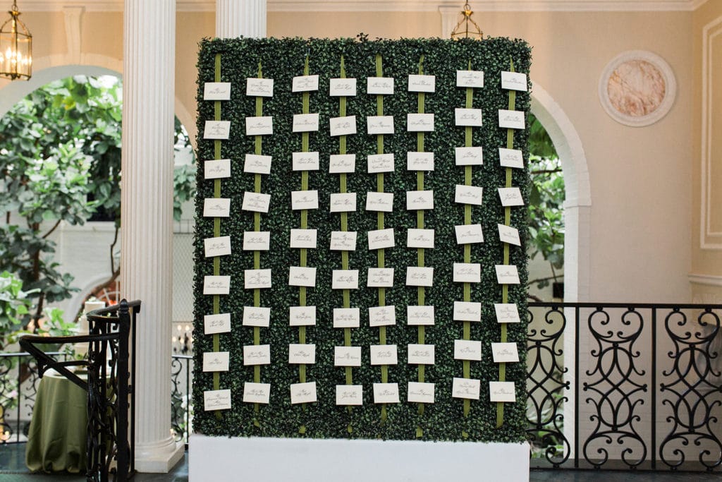 Wedding escort card wall: Black Tie Fox Chapel Golf Club Wedding captured by Pittsburgh wedding photographer Lauren Renee