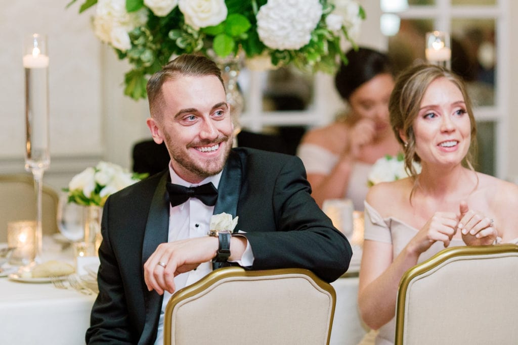 Guests during speeches at wedding reception