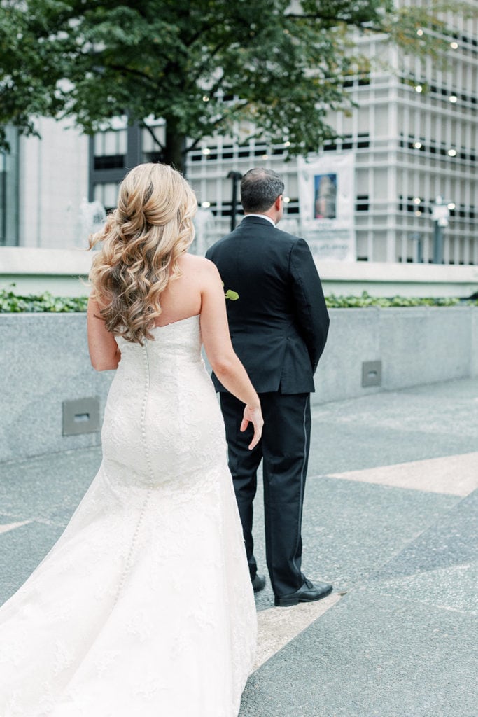 Bride and groom first look in downtown Pittsburgh